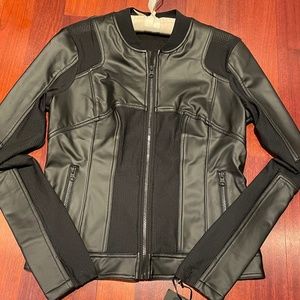 New, Blanc Noir Black Vegan Leather Jacket with Mesh Details.